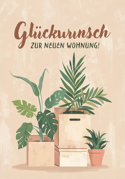 Glückwunsch zur neuen Wohnung - Kartons und Pflanzen