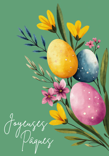 Joyeuses Pâques - Œufs et fleurs vertes