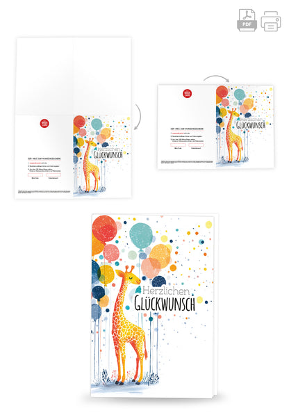 Herzlichen Glückwunsch - Giraffe und Ballons